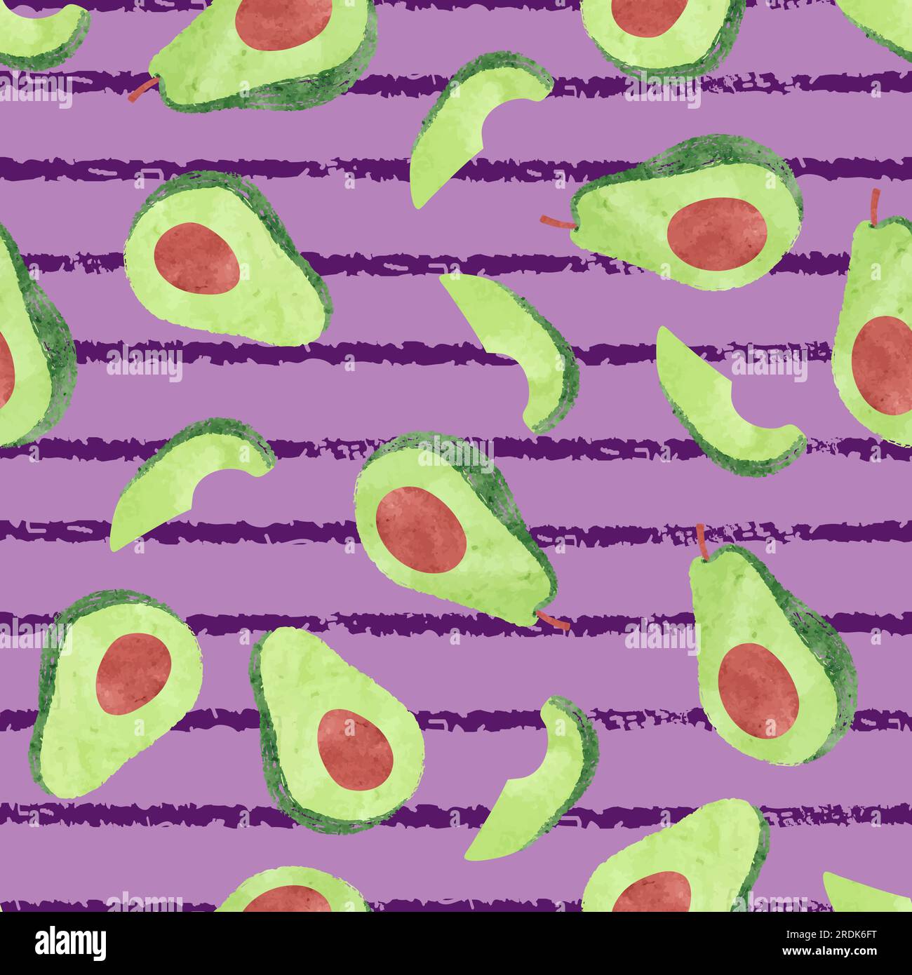 Seamless striped pattern with watercolor avocado. Vector fruit background. Stock Vector