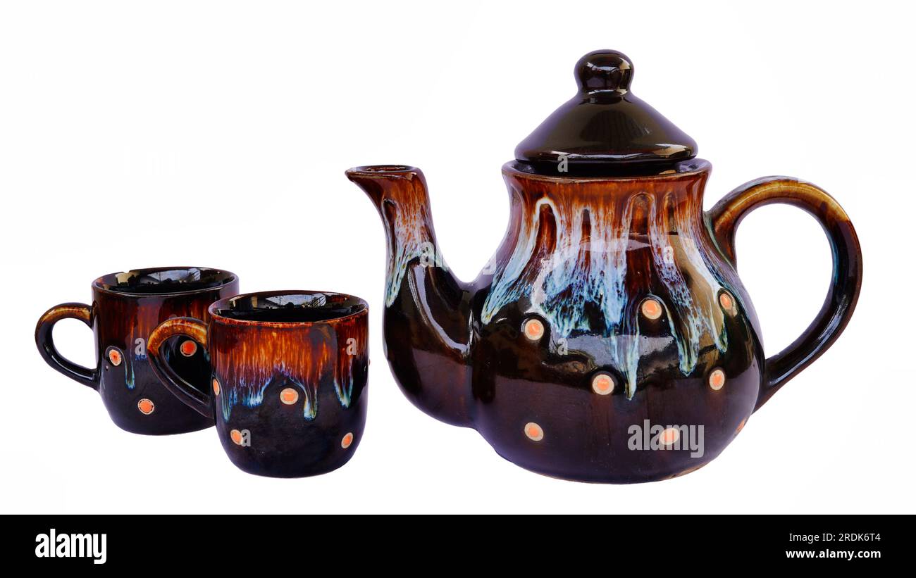 Antique Black kettle isolated over white, ceramic kettle, vintage