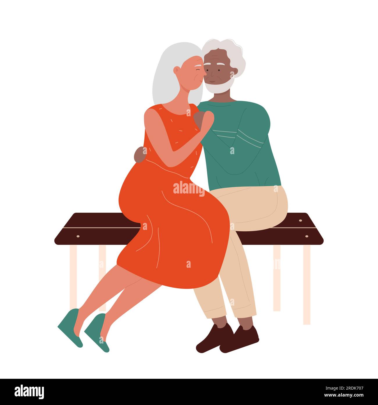 Lovely old couple sitting on bench. Romantic date, hugging seniors vector illustration Stock Vector