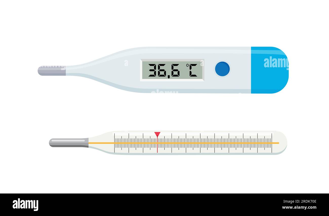 Medical thermometer. Classic medical mercury and electronic thermometer for temperature measurement. Degree thermometer device isolated icons set. Hea Stock Vector