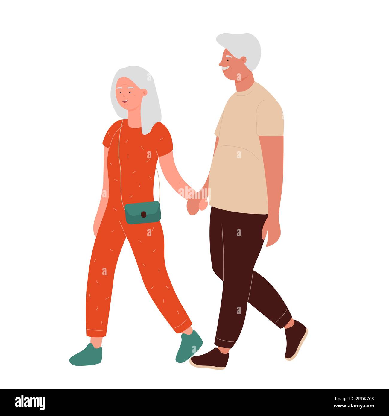Lovely old couple walking. Senior partners with holding arms, romantic date vector illustration Stock Vector