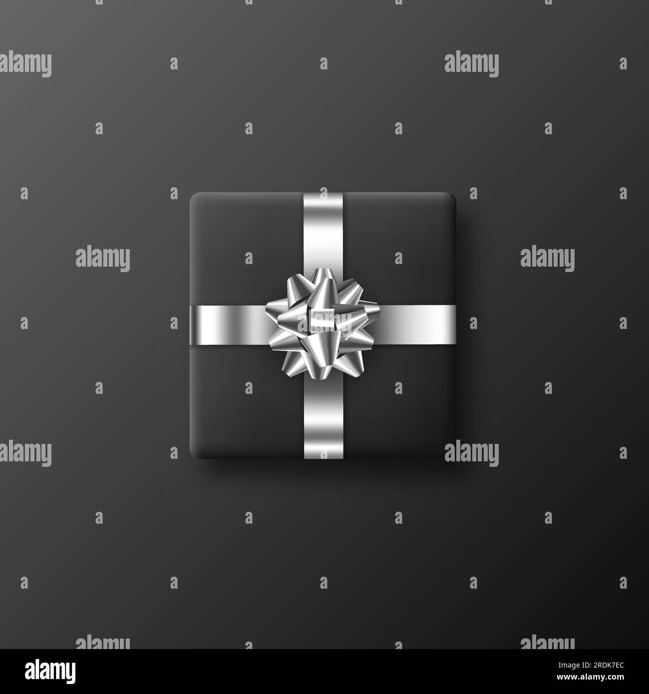 Realistic black gift box with metallic bow and ribbon. Decorative