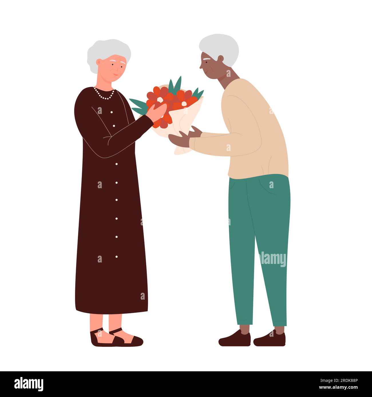 Senior man gives flower to his wife. Old couple love, romantic moment vector illustration Stock Vector