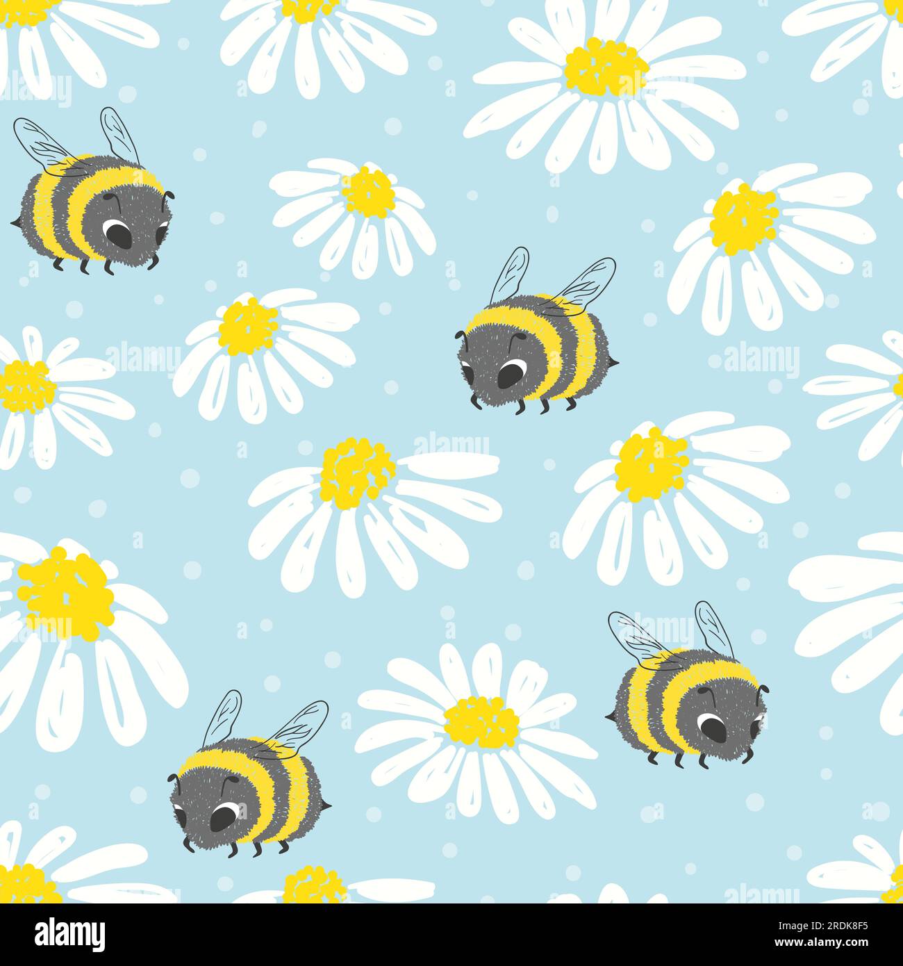 Seamless summer pattern with cute bee and flowers. Stock Vector
