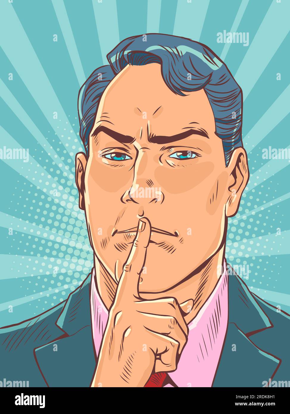 Secrets that cannot be told. The ethics of working for a large corporation. A man in a suit puts his palm to his mouth.. Pop Art Retro Stock Vector