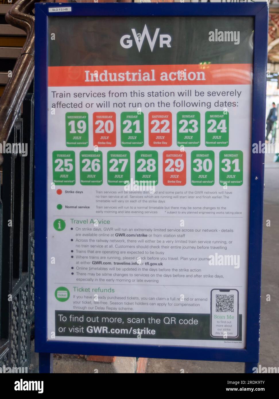 Slough, UK. 22nd July, 2023. An Industrial Action notice at Slough Station. Although some GWR trains were running today, Slough Railway Station in Berkshire was quiet this morning due to GWR Industrial Action. RMT Strikes are taking place across parts of the rail network in England today in an ongoing dispute about pay and the closure of railyway station ticket offices. The Rail Industry Body, The Rail Delivery Group have announced that plans to close the majority of all railway station ticket offices in England have been confirmed.  This is a huge blow to rail workers, many of whom, fear they Stock Photo