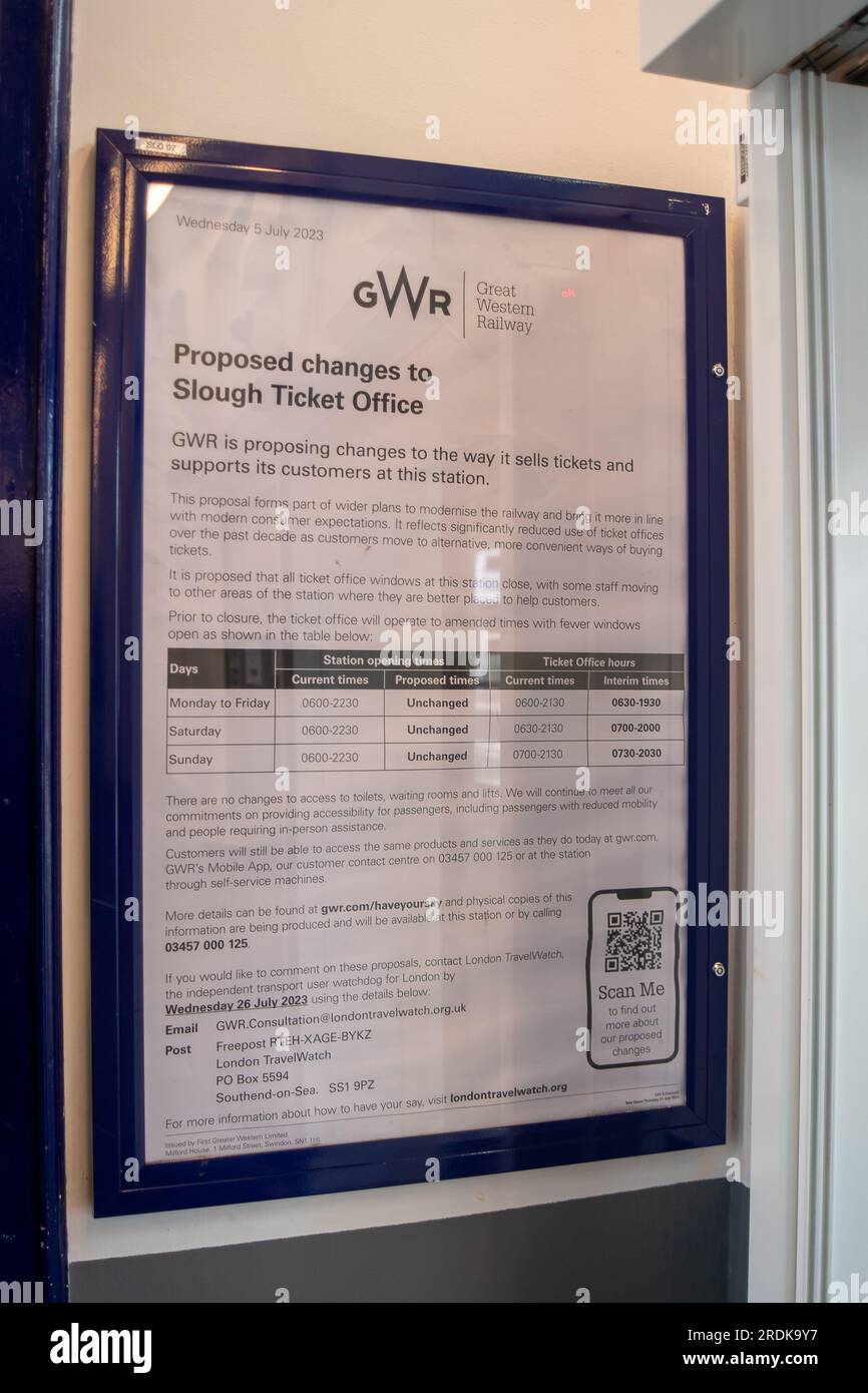 Slough, UK. 22nd July, 2023. A notice about proposed changes to Slough ticket office. Although some GWR trains were running today, Slough Railway Station in Berkshire was quiet this morning due to GWR Industrial Action. RMT Strikes are taking place across parts of the rail network in England today in an ongoing dispute about pay and the closure of railyway station ticket offices. The Rail Industry Body, The Rail Delivery Group have announced that plans to close the majority of all railway station ticket offices in England have been confirmed.  This is a huge blow to rail workers, many of whom, Stock Photo