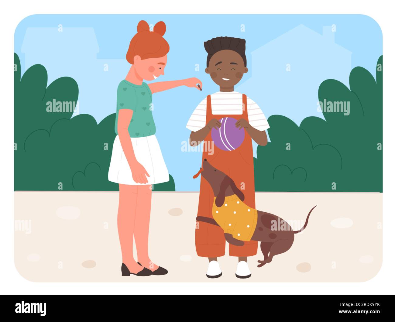Kids playing with dog pet. Outdoor leisure time, domestic family friend vector illustration Stock Vector