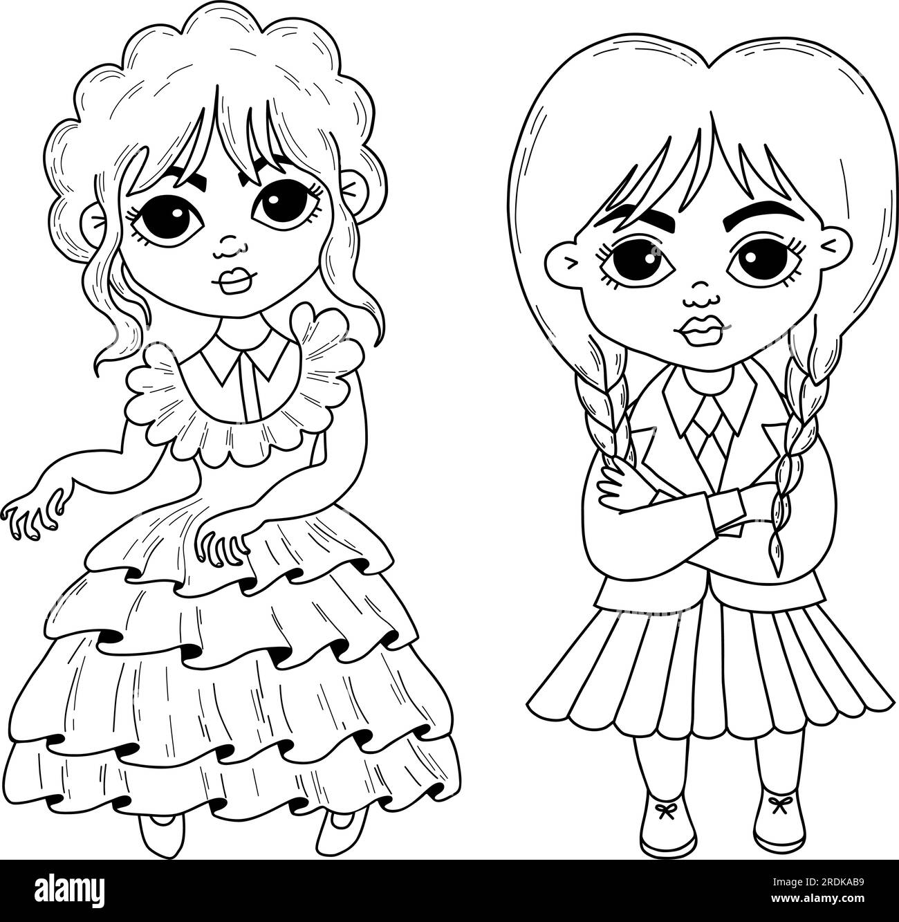 Wednesday. Cute girl with braids and fantasy dancing. Isolated outline