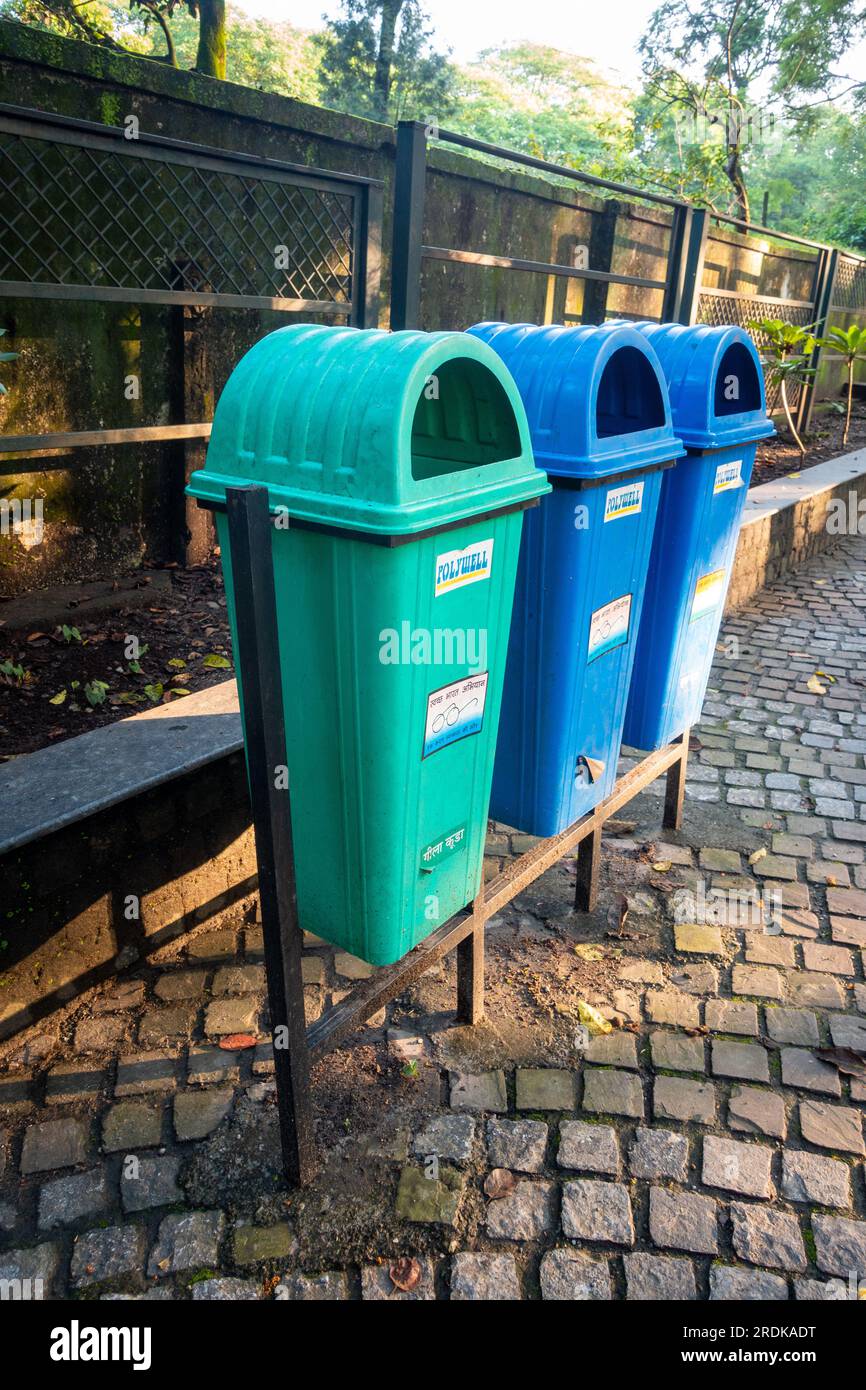 June 28th 2023, Uttarakhand, India. Different types of garbage bins installed for organic, and inorganic waste along side Rajpur road, Dehradun City. Stock Photo