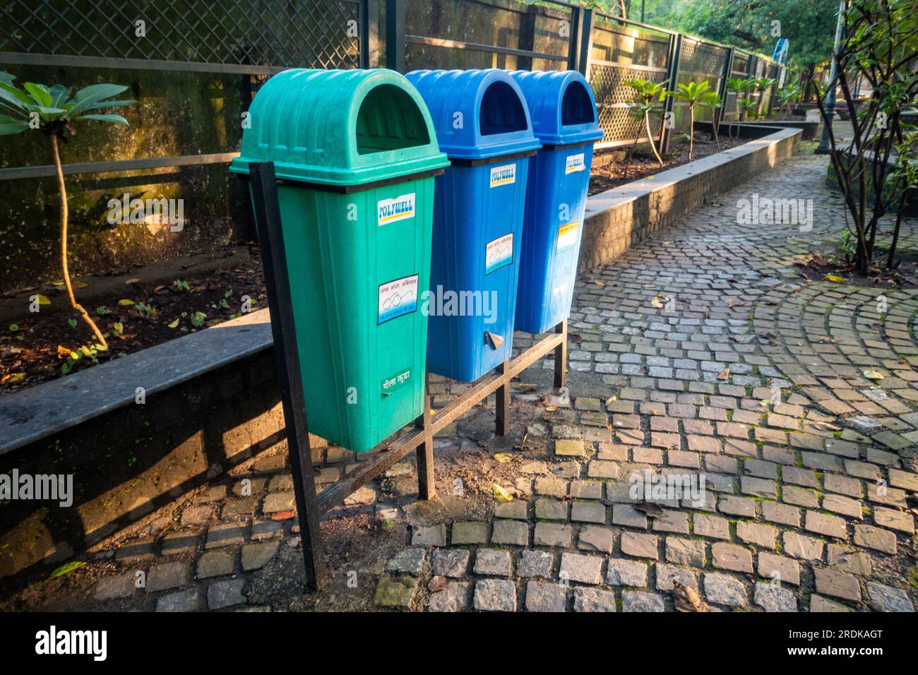 June 28th 2023, Uttarakhand, India. Different types of garbage bins installed for organic, and inorganic waste along side Rajpur road, Dehradun City. Stock Photo