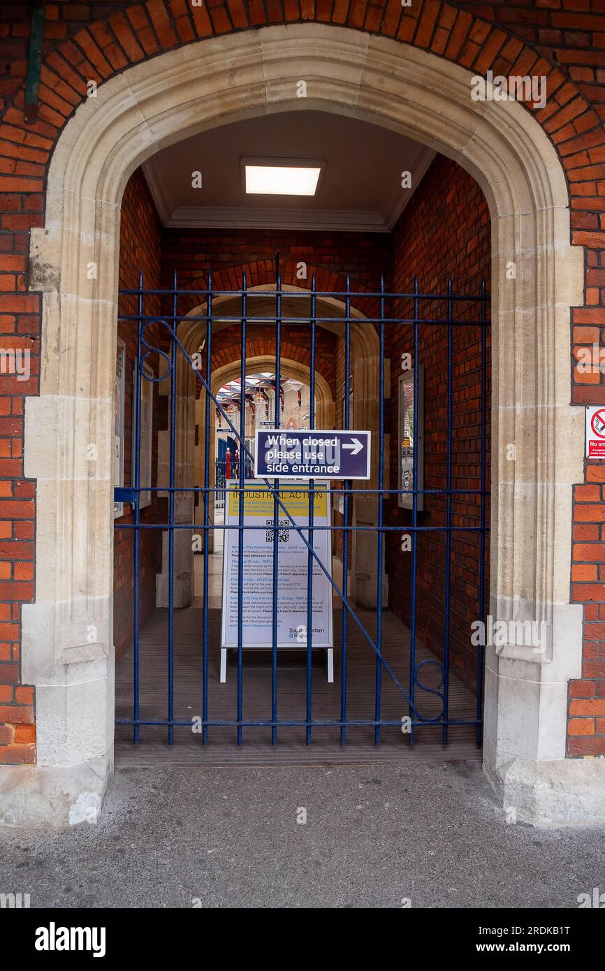 Windsor, Berkshire, UK. 22nd July, 2023. The Windsor & Eton Riverside Station is closed today due to Industrial Action by South Western Railway rail workers. RMT Strikes are taking place across parts of the rail network in England today in an ongoing dispute about pay and the closure of railyway station ticket offices. The Rail Industry Body, The Rail Delivery Group have announced that plans to close the majority of all railway station ticket offices in England have been confirmed.  This is a huge blow to rail workers, many of whom, fear they will lose their jobs. It is also being criticised b Stock Photo