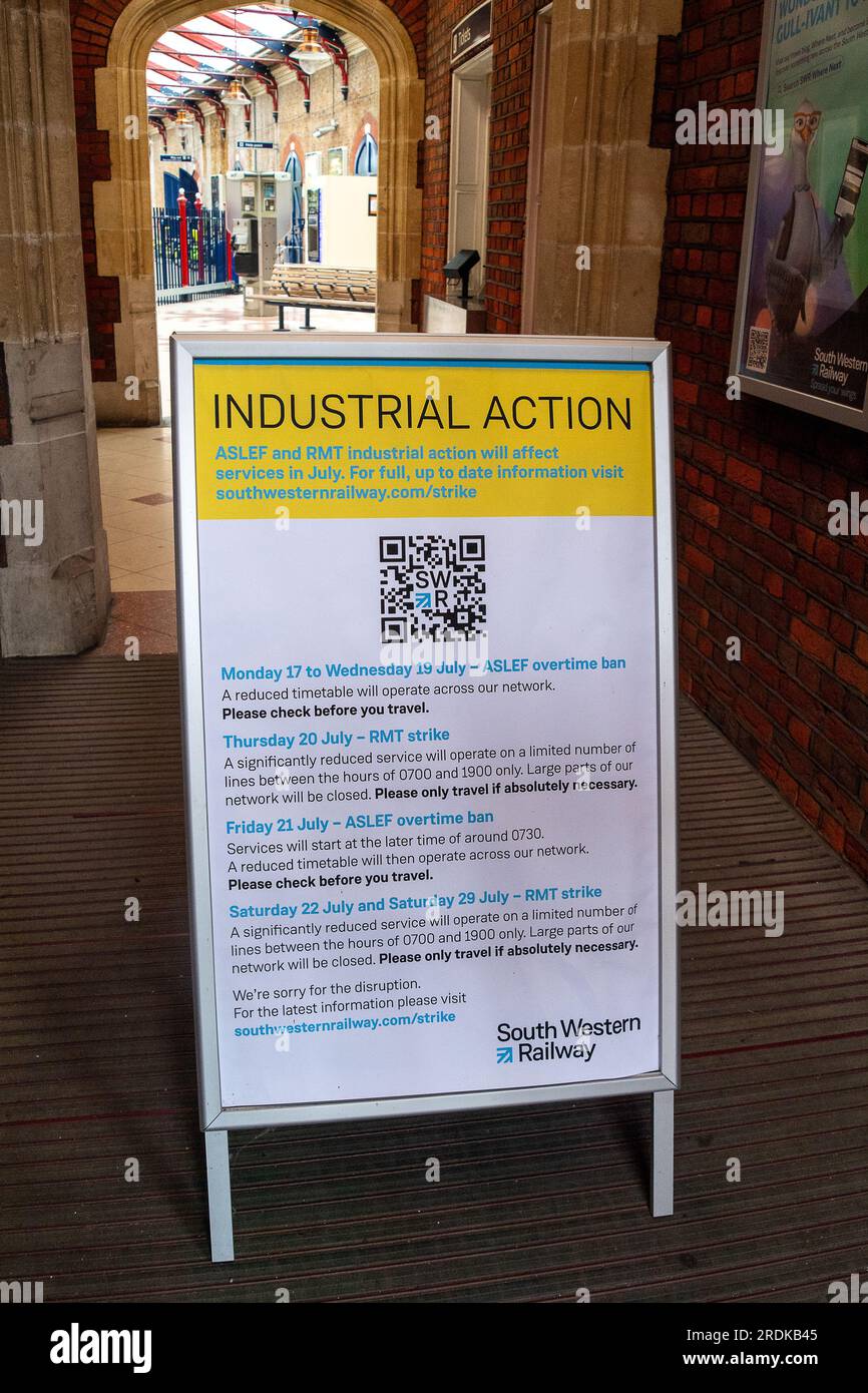 Windsor, Berkshire, UK. 22nd July, 2023. The Windsor & Eton Riverside Station is closed today due to Industrial Action by South Western Railway rail workers. RMT Strikes are taking place across parts of the rail network in England today in an ongoing dispute about pay and the closure of railyway station ticket offices. The Rail Industry Body, The Rail Delivery Group have announced that plans to close the majority of all railway station ticket offices in England have been confirmed.  This is a huge blow to rail workers, many of whom, fear they will lose their jobs. It is also being criticised b Stock Photo