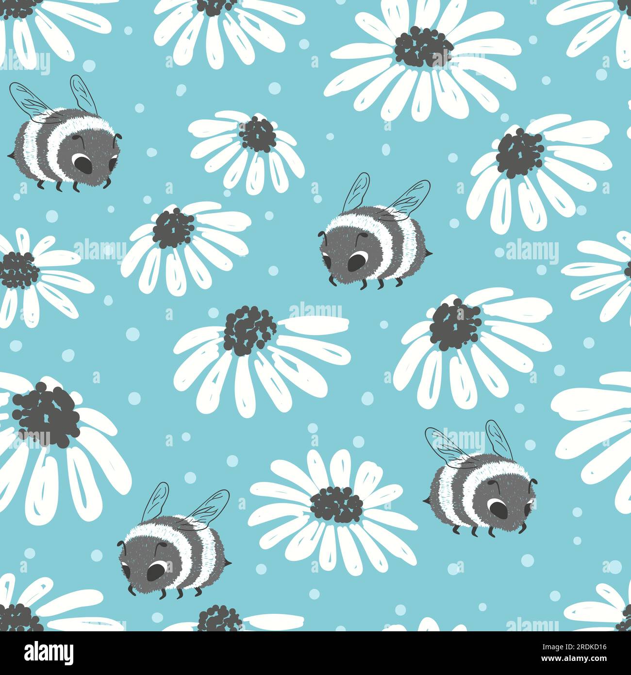Seamless summer pattern with bee and flowers on blue background. Stock Vector