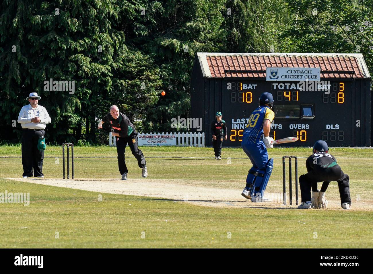 Clydach, Wales. 3 June 2023. Jason Dobbie of Chepstow bowls to Rhodri Davies of Clydach during the South Wales Premier Cricket League Division Two match between Clydach and Chepstow at Waverley Park in Clydach, Wales, UK on 3 June 2023. Credit: Duncan Thomas/Majestic Media. Stock Photo