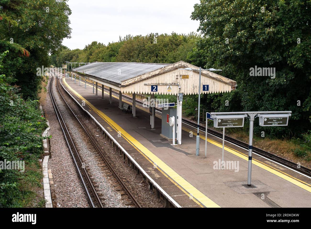 Sunnymeads, Wraysbury, UK. 22nd July, 2023. Sunnymeads Railway Station in Berkshire. No trains are running to and from Waterloo today from Sunnymeads due to Industrial Action by South Western Railway rail workers. RMT Strikes are taking place across parts of the rail network in England today in an ongoing dispute about pay and the closure of railyway station ticket offices. The Rail Industry Body, The Rail Delivery Group have announced that plans to close the majority of all railway station ticket offices in England have been confirmed.  This is a huge blow to rail workers, many of whom, fear Stock Photo