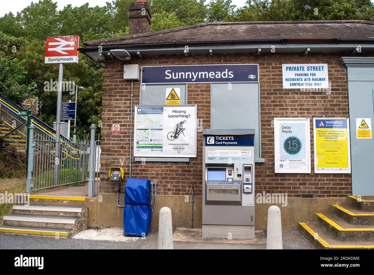 Sunnymeads, Wraysbury, UK. 22nd July, 2023. Sunnymeads Railway Station in Berkshire. No trains are running to and from Waterloo today from Sunnymeads due to Industrial Action by South Western Railway rail workers. RMT Strikes are taking place across parts of the rail network in England today in an ongoing dispute about pay and the closure of railyway station ticket offices. The Rail Industry Body, The Rail Delivery Group have announced that plans to close the majority of all railway station ticket offices in England have been confirmed.  This is a huge blow to rail workers, many of whom, fear Stock Photo