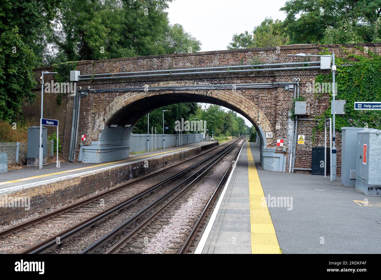 Wraysbury, Berkshire, UK. 22nd July, 2022. Wraysbury Railway Station was deserted today. No trains are running to and from Waterloo today from Wraysbury due to Industrial Action by South Western Railway rail workers. RMT Strikes are taking place across parts of the rail network in England today in an ongoing dispute about pay and the closure of railyway station ticket offices. The Rail Industry Body, The Rail Delivery Group have announced that plans to close the majority of all railway station ticket offices in England have been confirmed.  This is a huge blow to rail workers, many of whom, fe Stock Photo