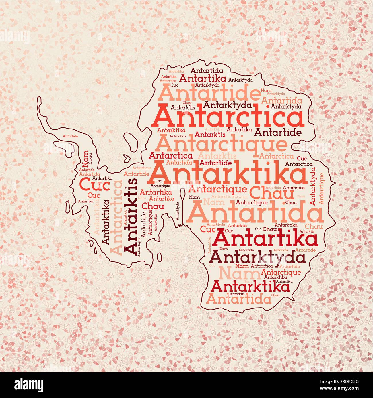 Antarctica shape whith country names word cloud in multiple languages. Antarctica border map on powerful triangles scattered around. Artistic vector i Stock Vector