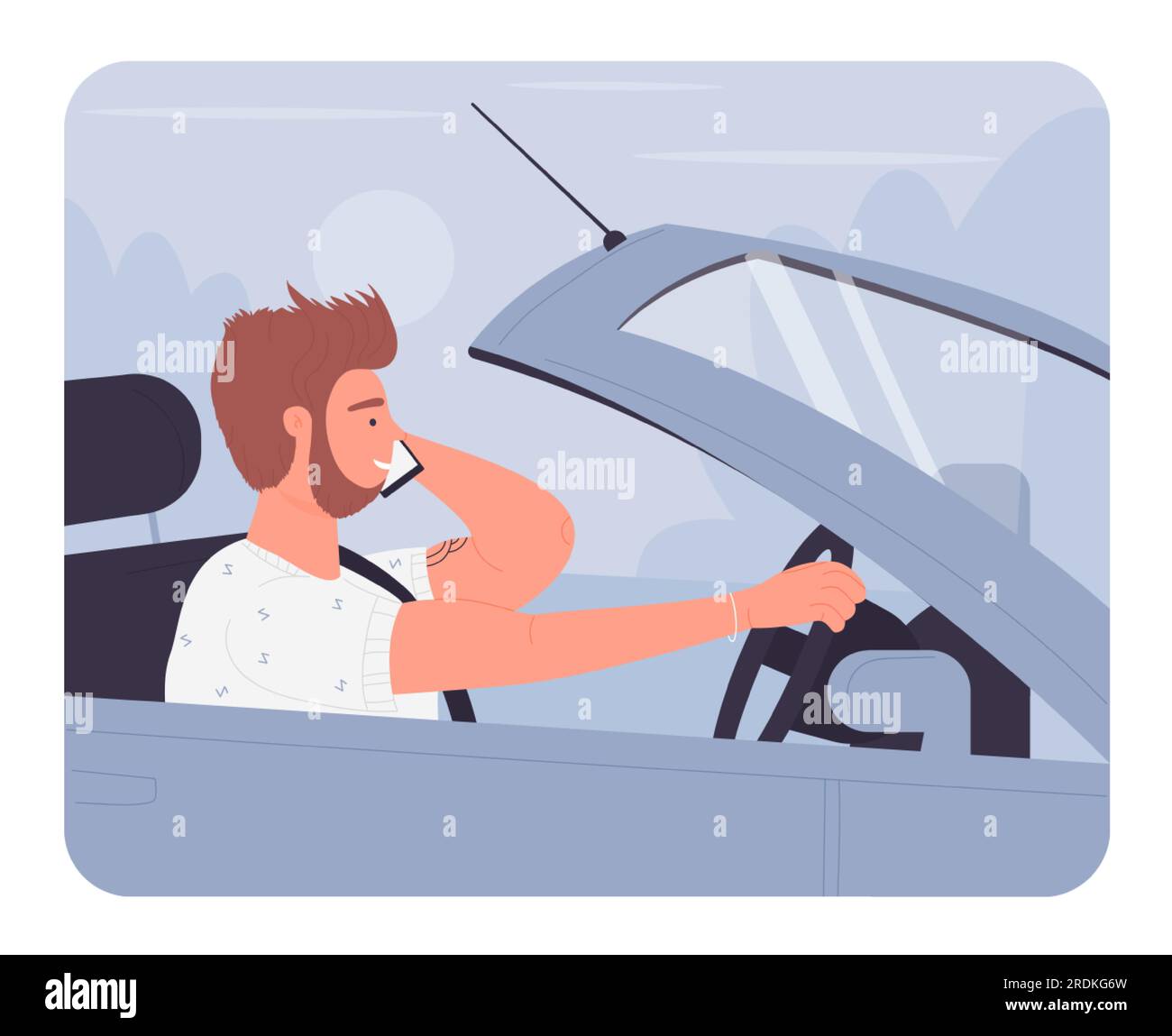 Bearded man driving and talking to phone. Driver in convertible car ...