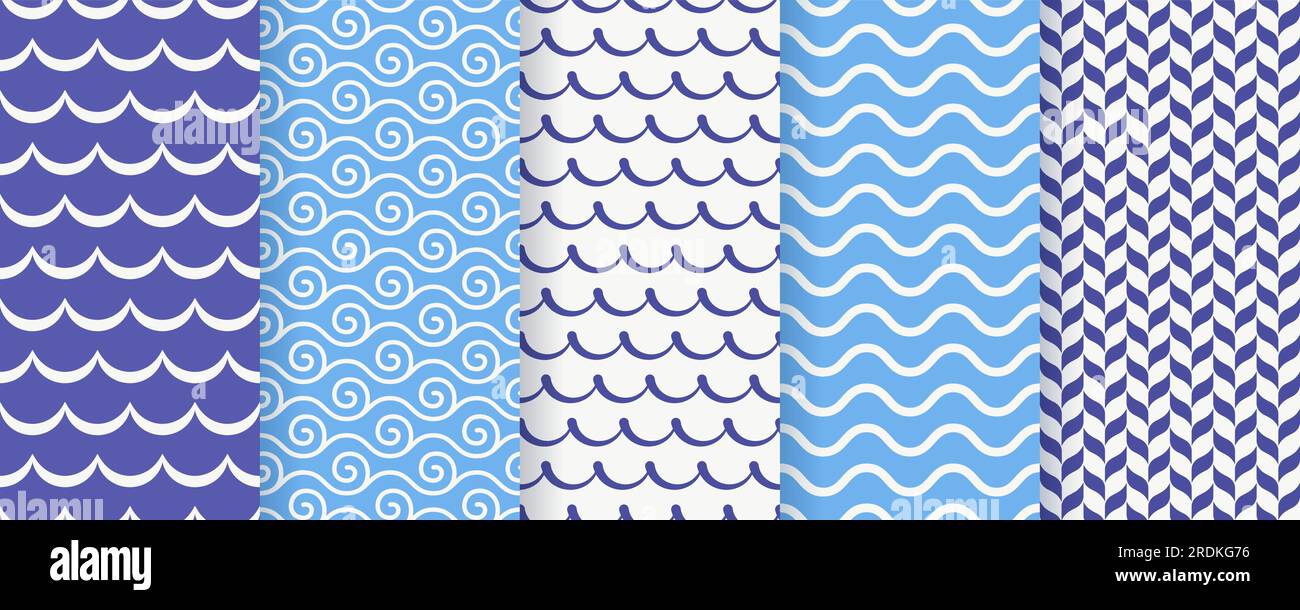 Wave seamless pattern. Vector. Blue wavy background. Set textures with stripes, tides and rollers. Simple illustration. Sea geometric prints. Marine, Stock Vector