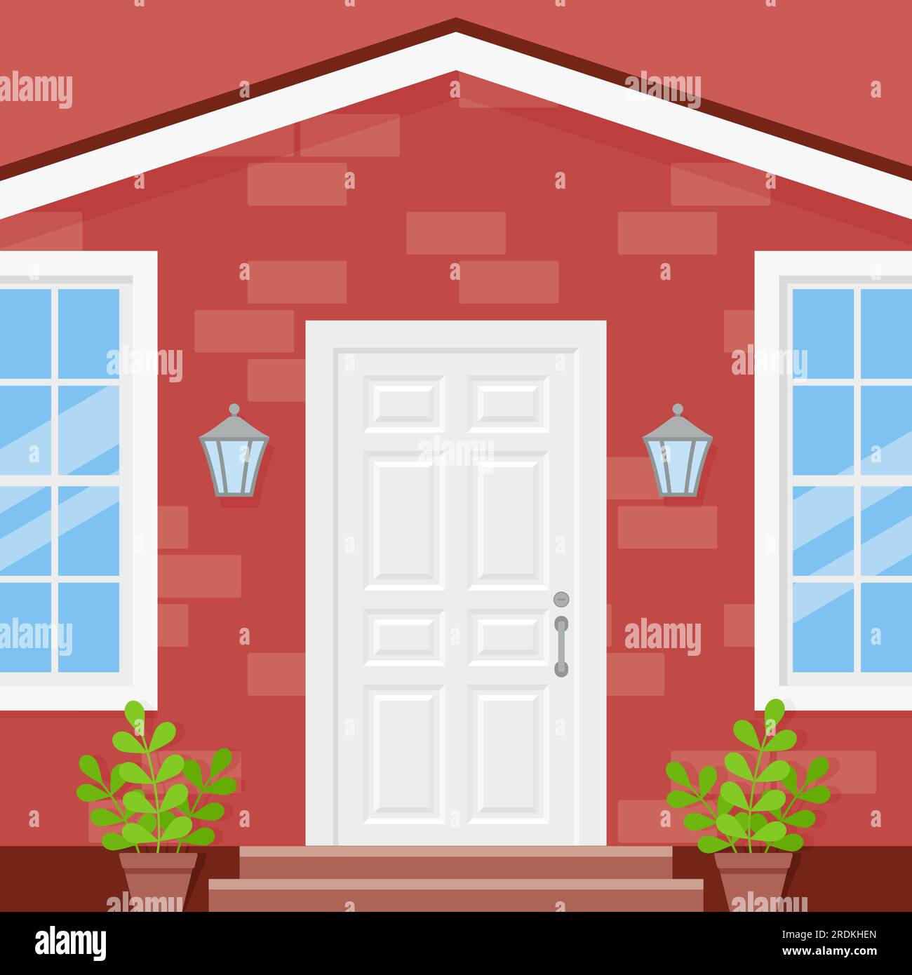 Front door house. Vector. Porch of building. Brick wall facade with