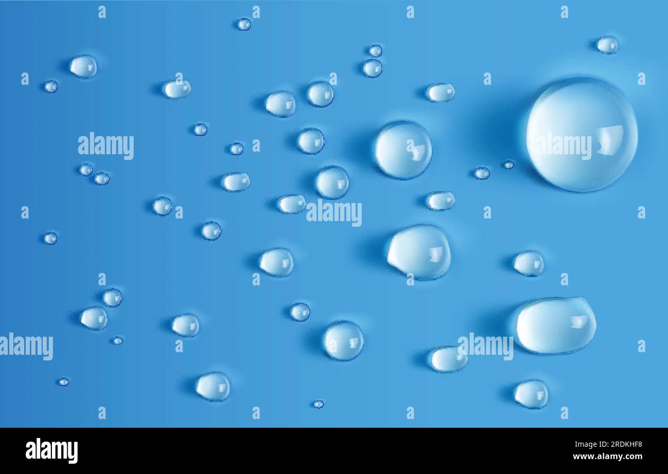 Vector Illustration of water drops different size with reflection isolated on blue background Stock Vector