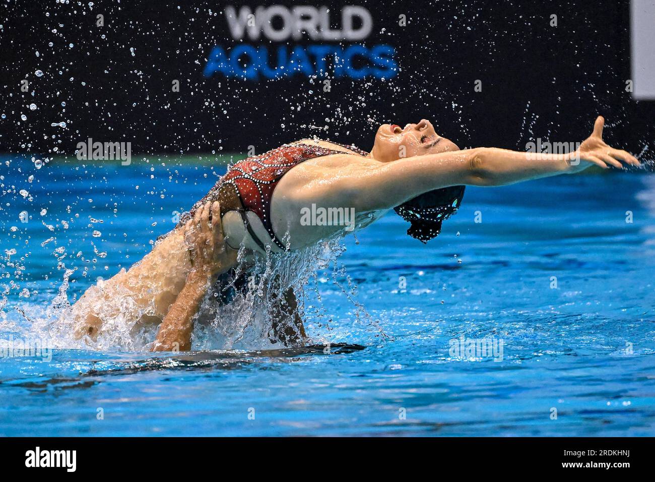 Fukuoka, Japan. 22nd July, 2023. Alvaro Salas Arones and Sandy Quiroz Villaran of Peru compete in the Mixed Duet Free Final during the 20th World Aquatics Championships at the Marine Messe Hall A in Fukuoka (Japan), July 22nd, 2023. Credit: Insidefoto di andrea staccioli/Alamy Live News Stock Photo