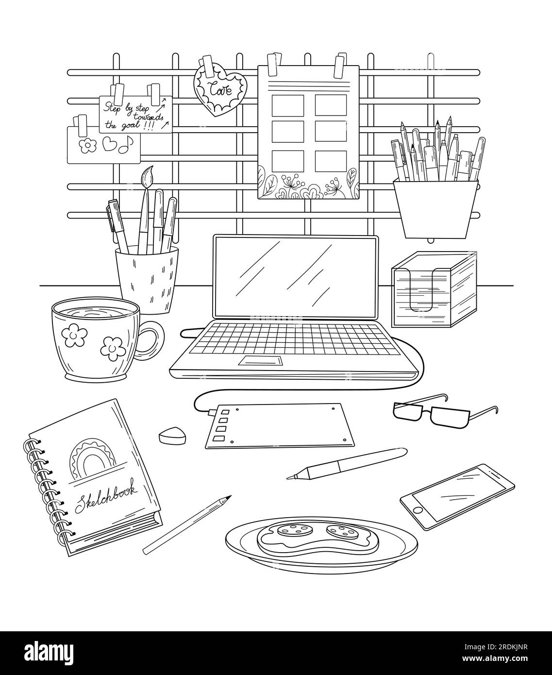 Doodle image of digital artist workplace.Table and wall organizer with computer, tablet, pencils.Vector black and white illustration in linear style Stock Vector