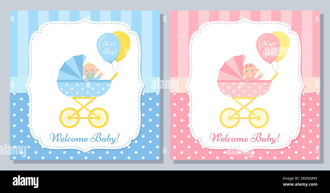 Baby shower invitation card babies boy and girl. Baby frame with boy/girl  and stickers on light background. It's a boy. It's a girl. Stock Vector