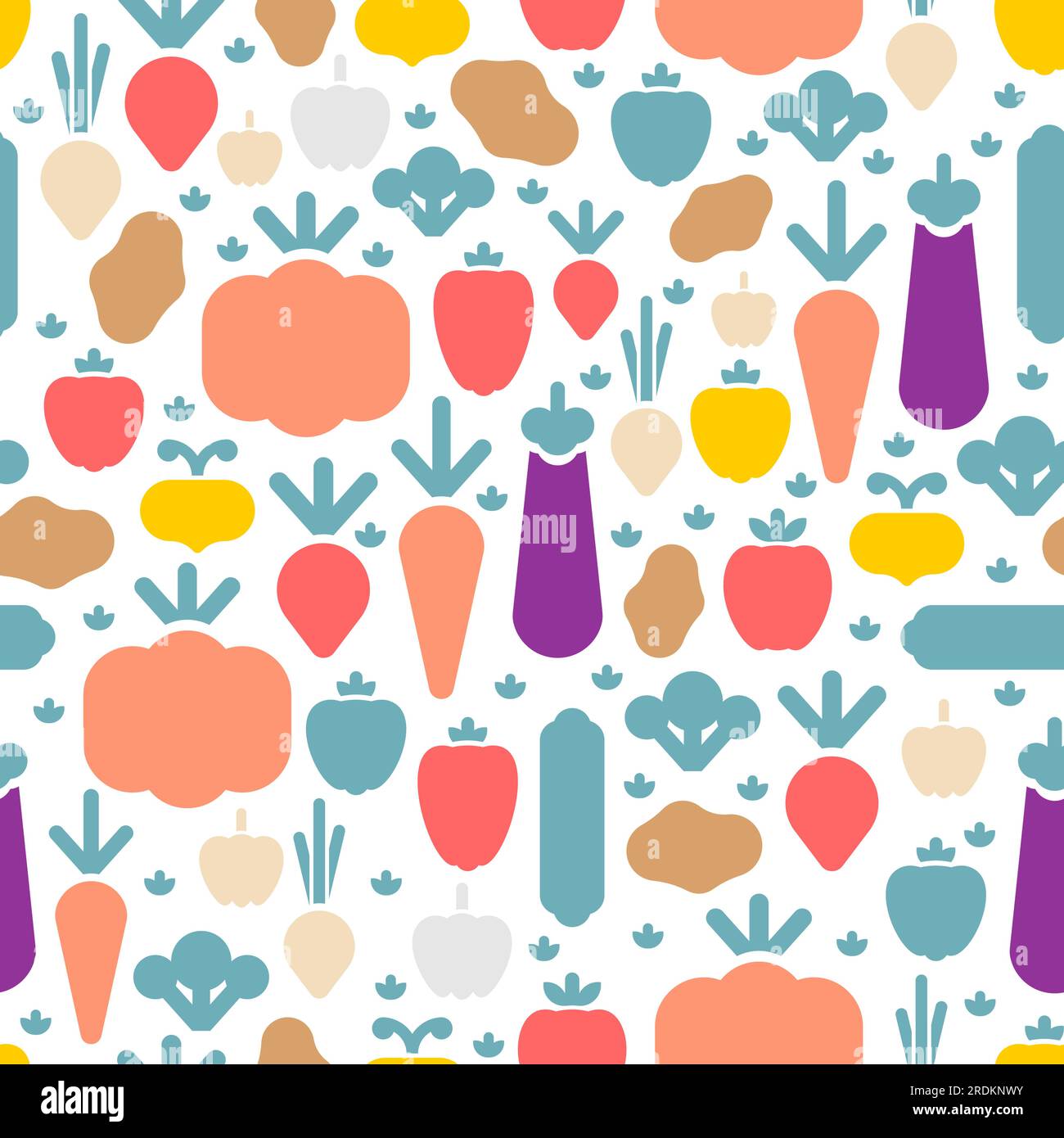 Vegetables pattern seamless. Vegetable set background. Eggplant and potatoes. Pumpkin and turnip. Radish and tomato. Garlic and carrot signs Stock Vector