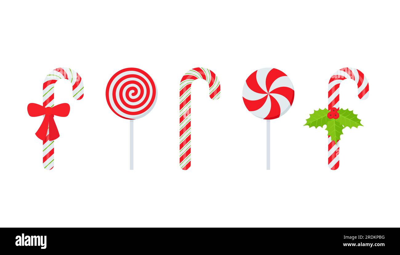 Christmas candy cane gift bow cartoon flat set. White red line traditional  lollipop sugar caramel dessert holidays xmas new year gift ornament  decoration striped candy icon isolated white background Stock Vector Image