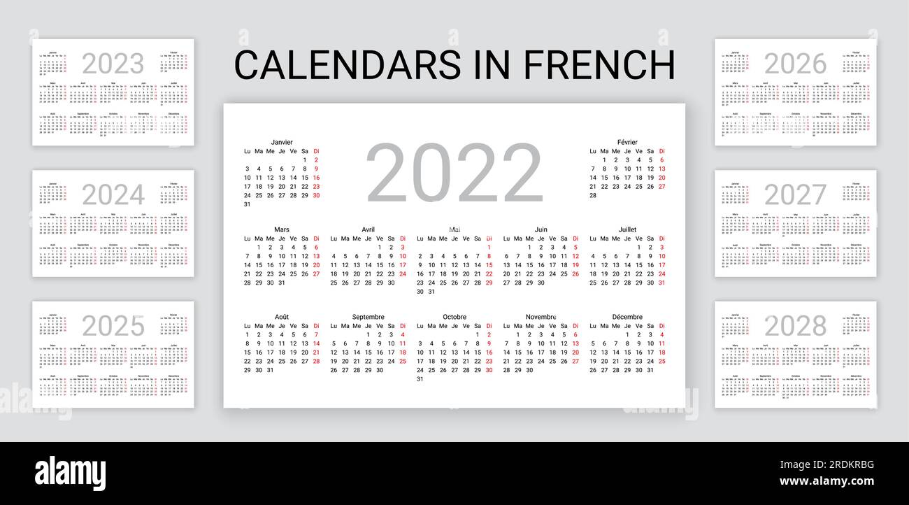 French Calendar 2022, 2023, 2025, 2025, 2026, 2027, 2028 years. Week