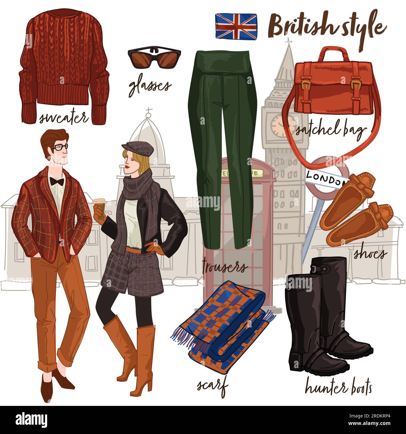 British clothes and fashion, male and female style Stock Vector