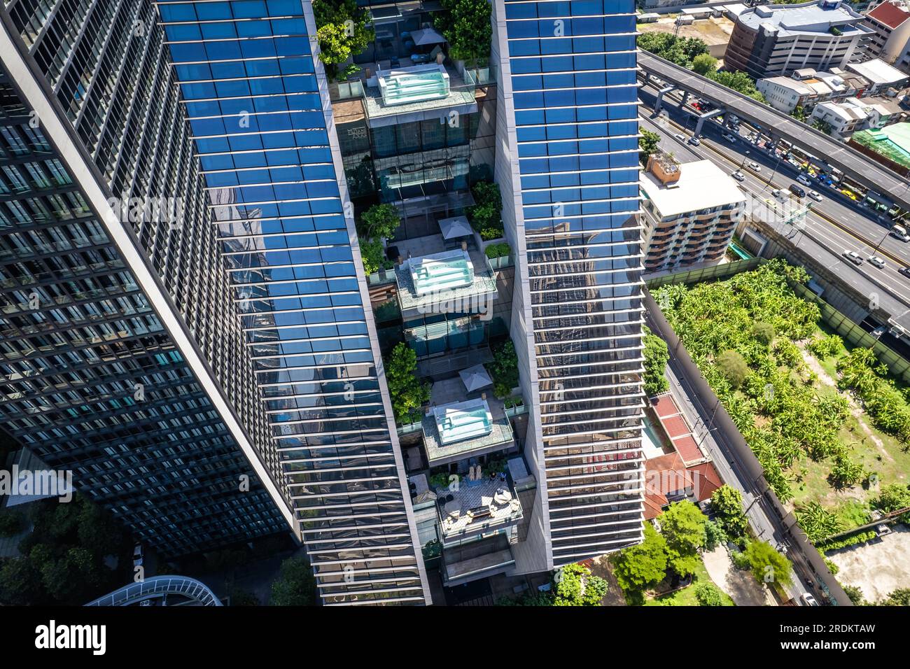 Aerial view of Ploenchit road in Bangkok Downtown, financial district and business center, Thailand Stock Photo