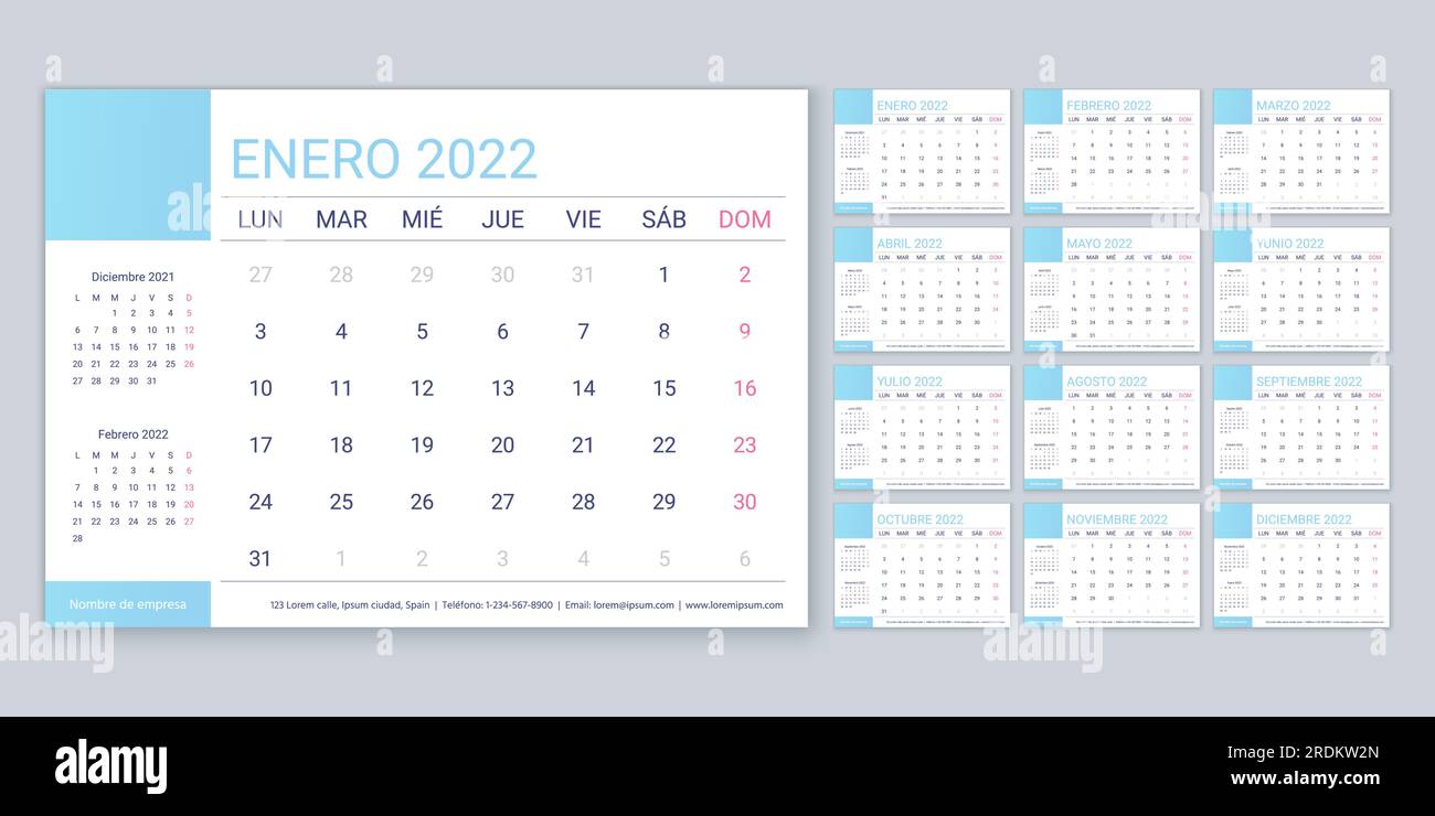 Calendar 2022 year. Spanish planner template. Week starts Monday. Vector.  Table schedule grid. Yearly stationery organizer. Calender layout with 12  mo Stock Vector Image & Art - Alamy