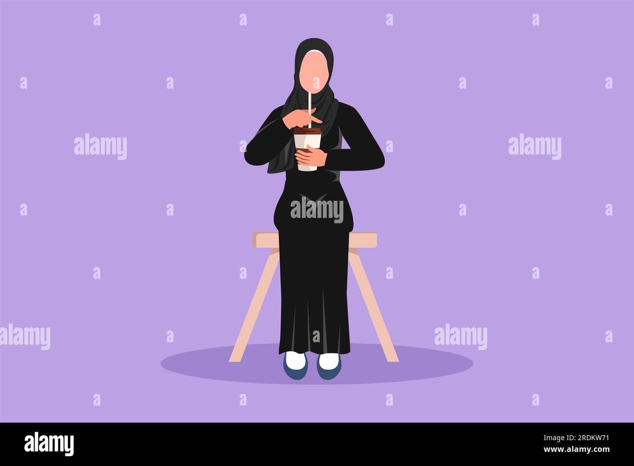 Graphic flat design drawing Arabian woman drink coffee. Resting from work. Lunch break, visitor to restaurant, coffee shop. Invigorating drink in morn Stock Photo