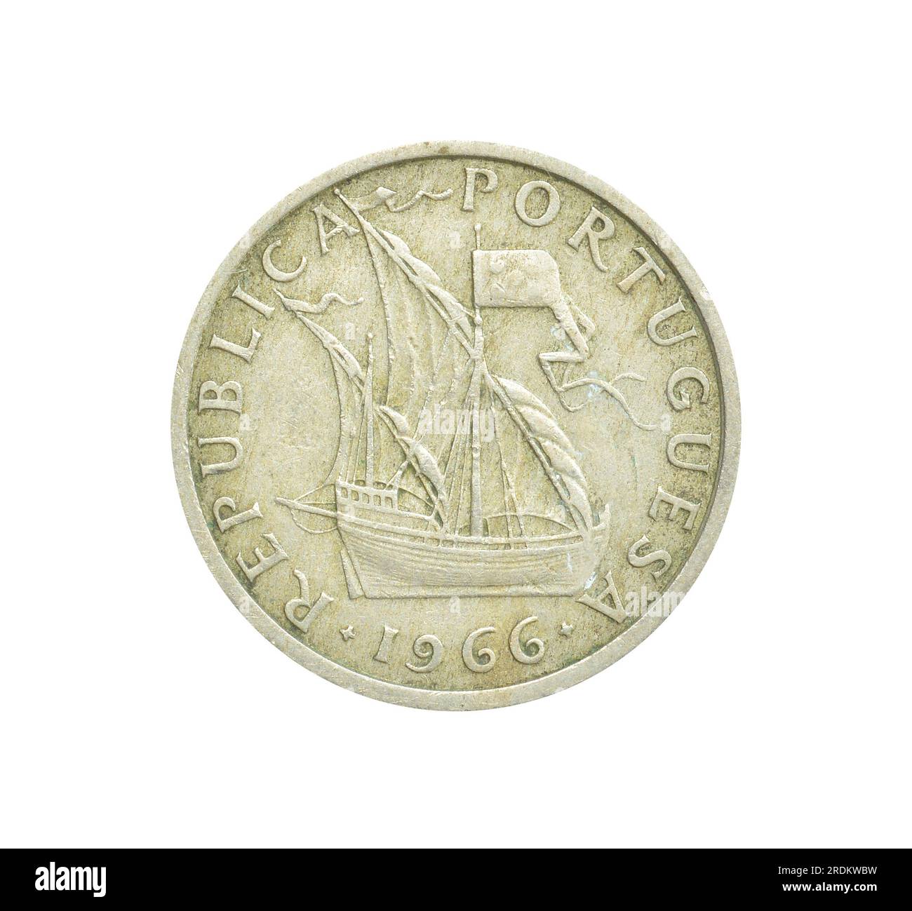 Obverse of 5 escudos coin made by Portugal, that shows Caravel Stock Photo