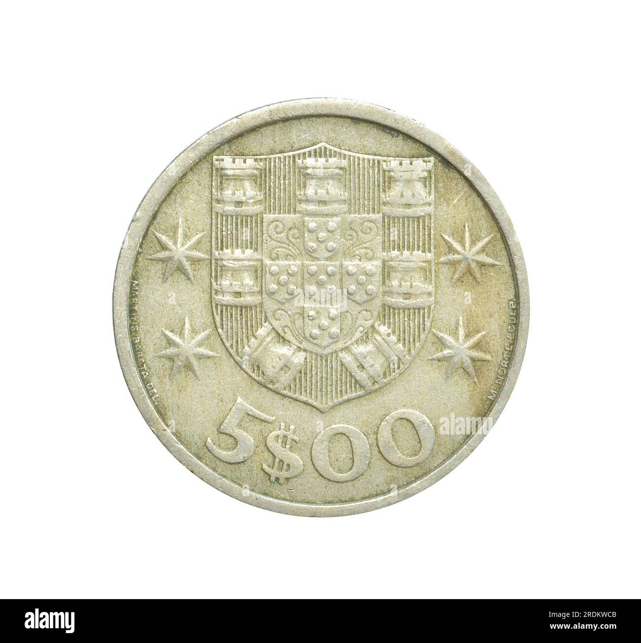 Reverse of 5 escudos coin made by Portugal, that shows Numeral value and Coat of arms Stock Photo