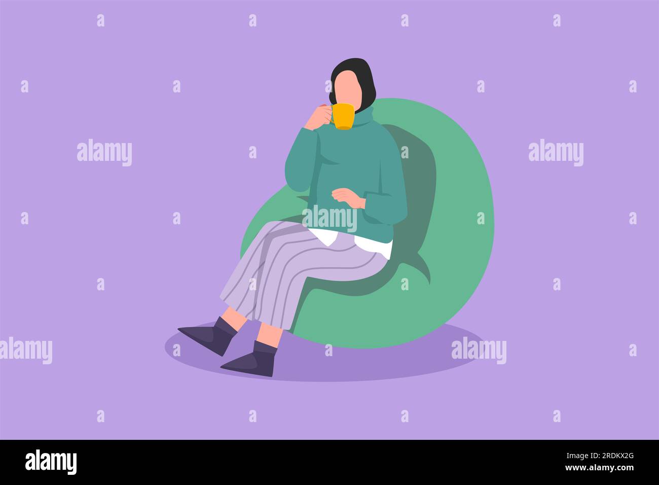 Cartoon flat style drawing Arab female relaxing in comfortable soft round chair with coffee or tea cup. Woman enjoying weekend at home sitting in fash Stock Photo
