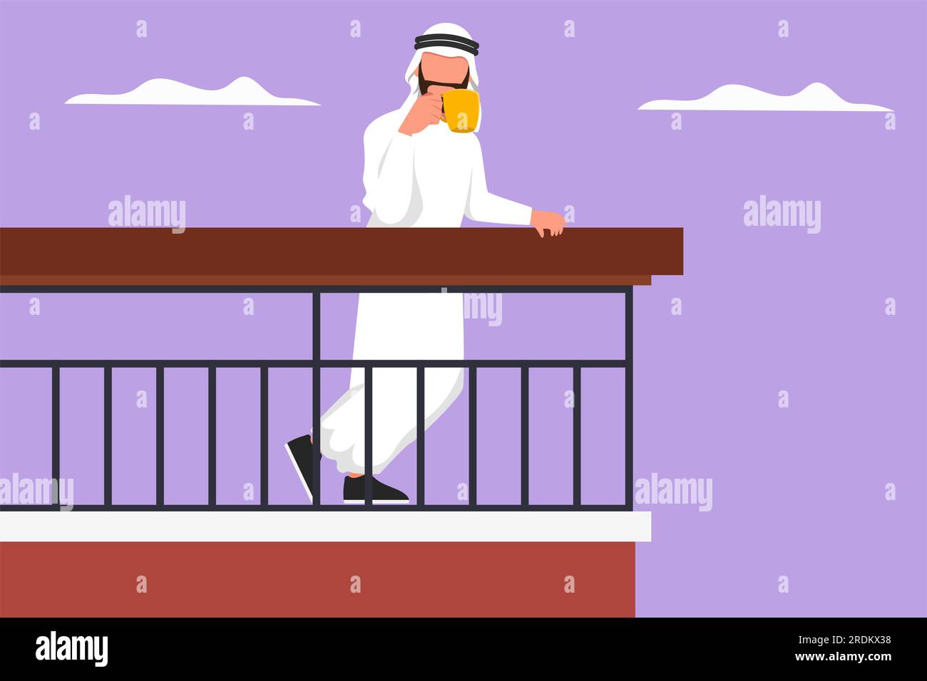 Graphic flat design drawing Arabian male standing on house balcony drink coffee at covid19 quarantine. Virus spreading prevention, outbreak, epidemic. Stock Photo