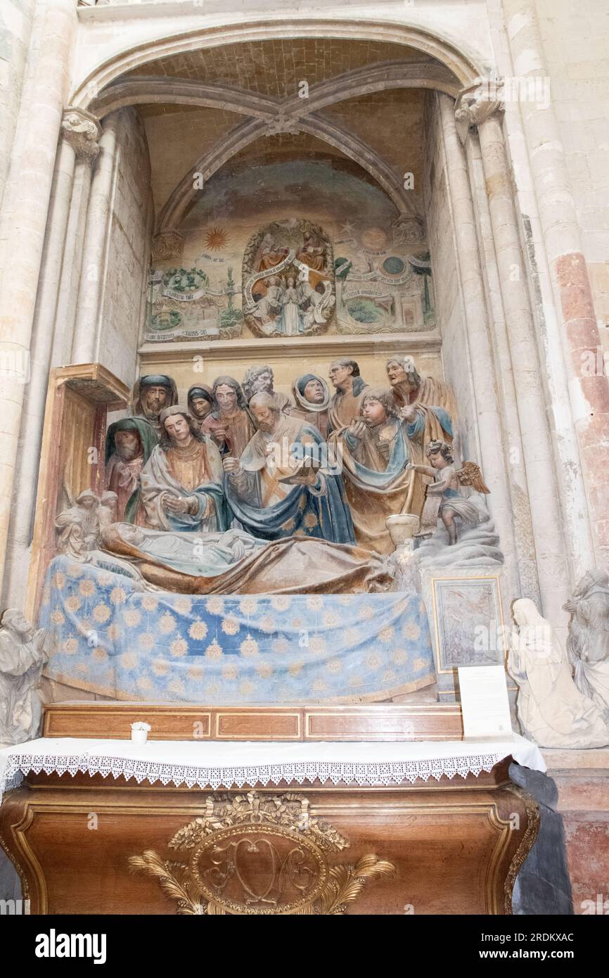 La Dormition de la Vierge, the death of the Virgin sculpture, Fécamp Abbey of the holy Trinity Stock Photo