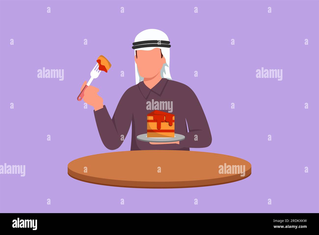 Cartoon flat style drawing young man eating creamy birthday cake at table in restaurant. Arab male eating super delicious dessert cake. Pleasure, enjo Stock Photo