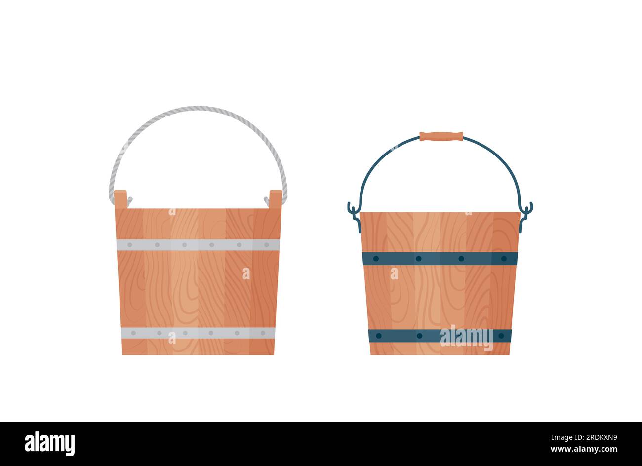 Wooden bucket. Vector. Wood pails with rope and metal handles. Icons in