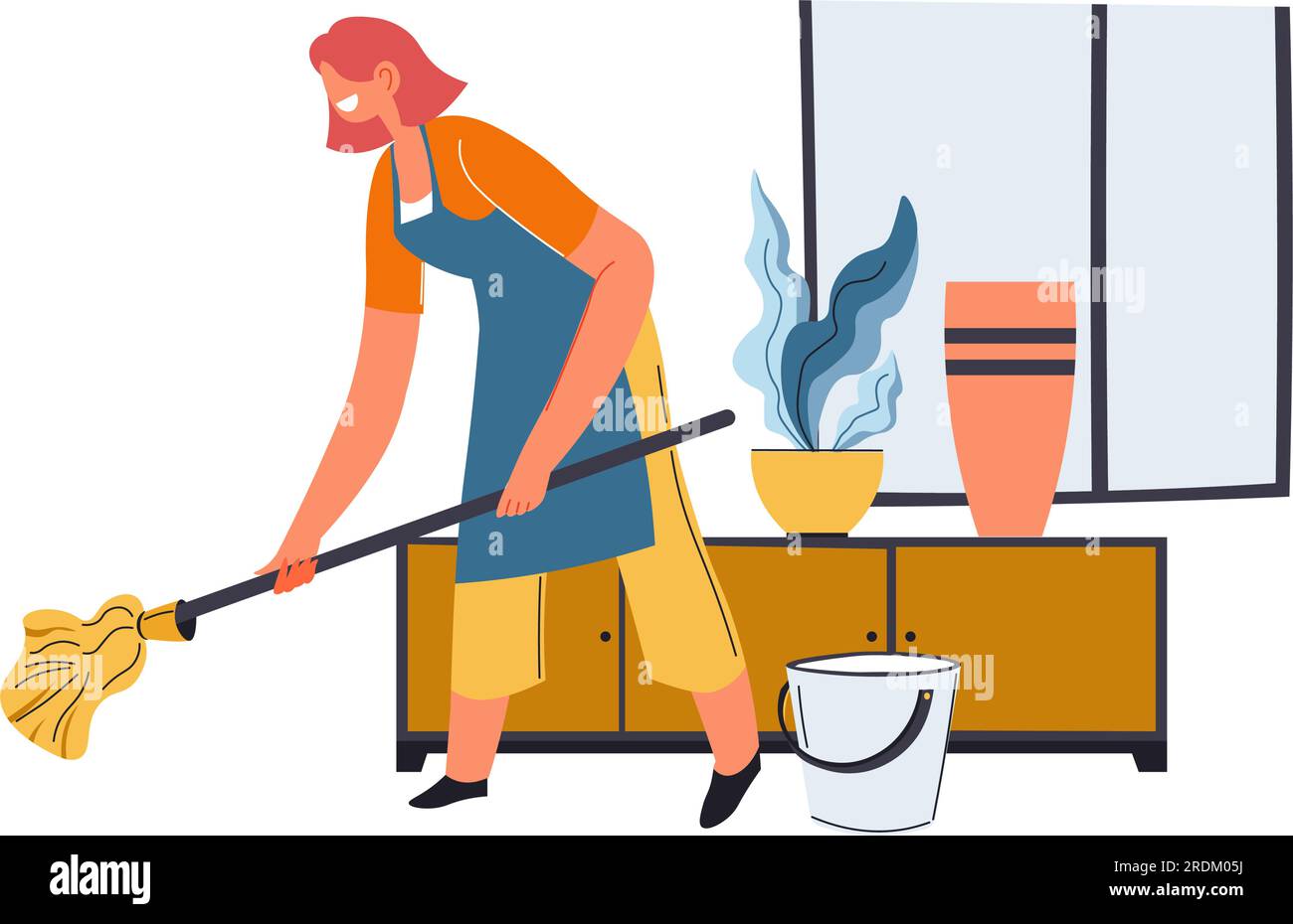Housewife mopping floor with wet wipe and water Stock Vector Image