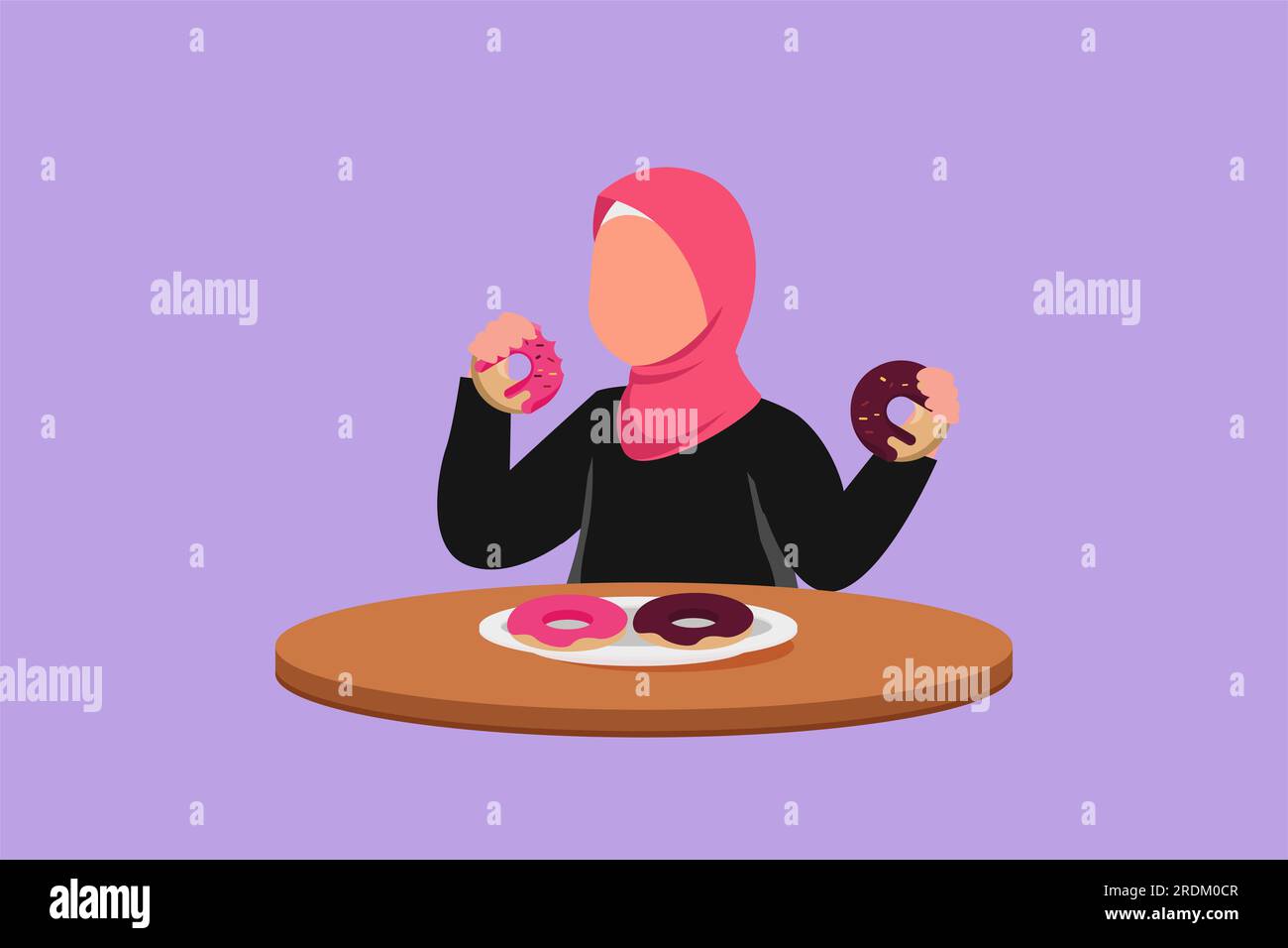 Character flat draw pretty Arab little girl eating sweet donut with glaze sugar cream. Hungry child enjoy yummy dessert. Preschooler kid having doughn Stock Photo