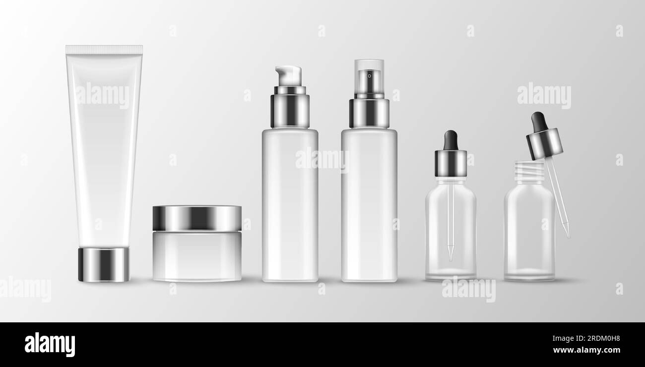 Cosmetic bottles. Moisturizing cream. 3D product packaging mockup. Beauty spray. Skincare lotion phial or tube. Glass container. Empty jar and tube. Serum dropper. Vector realistic white packages set Stock Vector