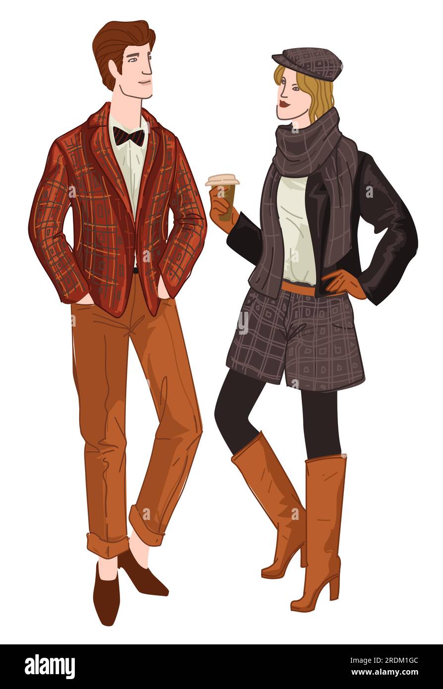 English people wearing clothes of united kingdom. Man in formal suit with bow tie, woman in skirt and long leather boots with scarf and hat. Male and Stock Vector