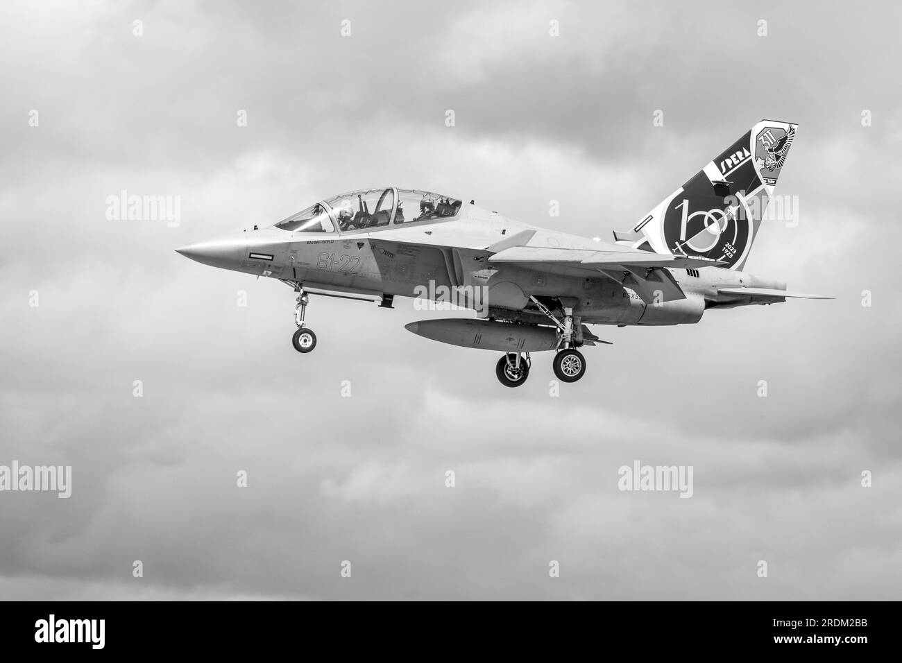 Alenia Aermacchi M-346 Master, with a special tail fin artwork celebrating its centenary at the Royal International Air Tattoo 2023. Stock Photo