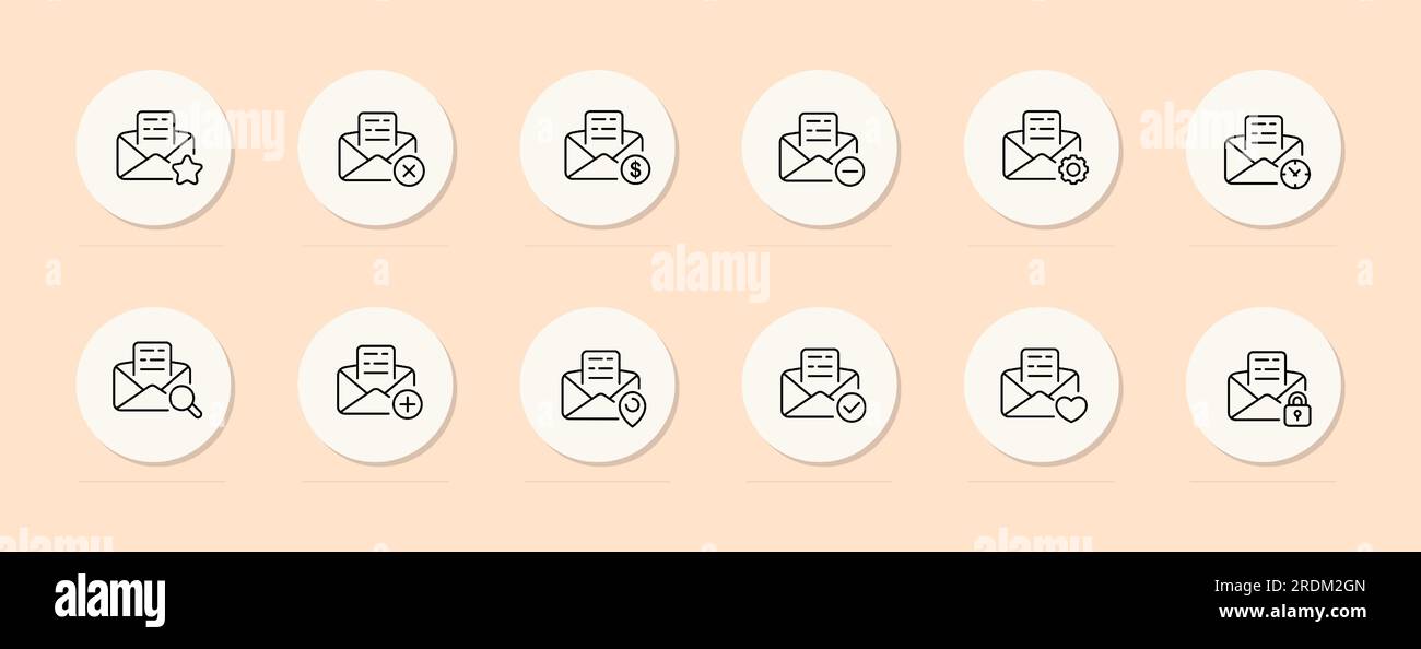 Mail line icon. Dollar, favorites, cross, plus, search, settings, minus, gps, tick .. Pastel color background. Vector line icon Stock Vector